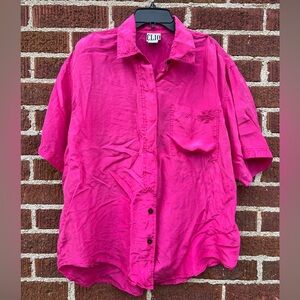 Vintage Clio 100% Silk Barbie Hot Pink Short Sleeve Button Up Top Size Large